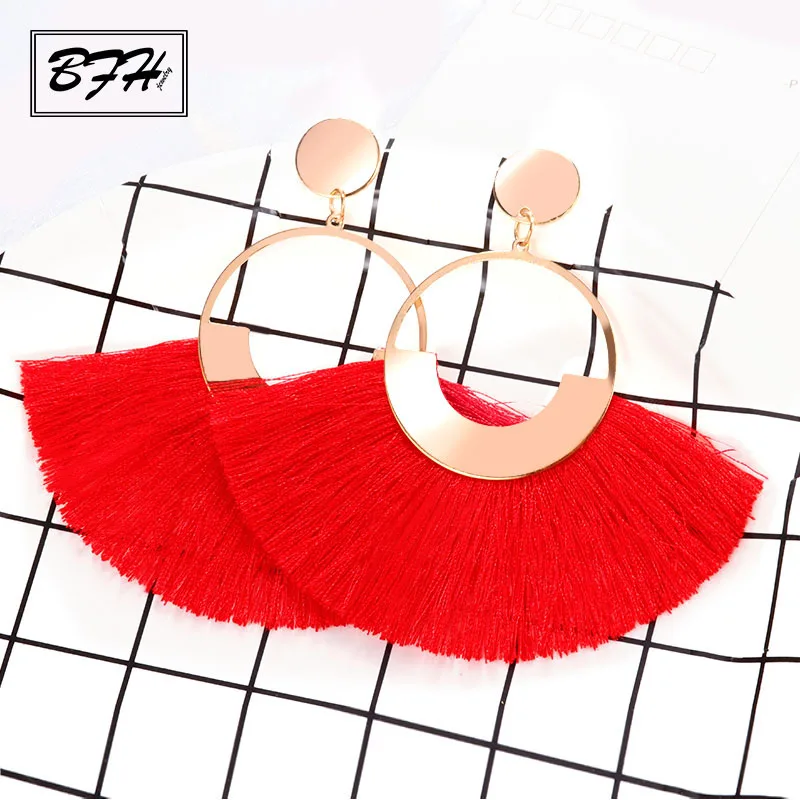 BFH, богемные серьги-капли с большой кисточкой для женщин, женские серьги с бахромой ручной работы, модные женские серьги, ювелирные изделия - Окраска металла: Red