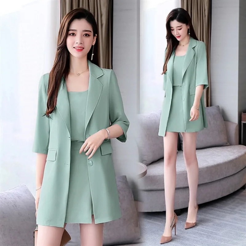 

YASUGUOJI New 2019 Summer Office Lady Long Blazer with Gallus and Shorts Suits Women Female 3 Pieces Set Short and Blazer