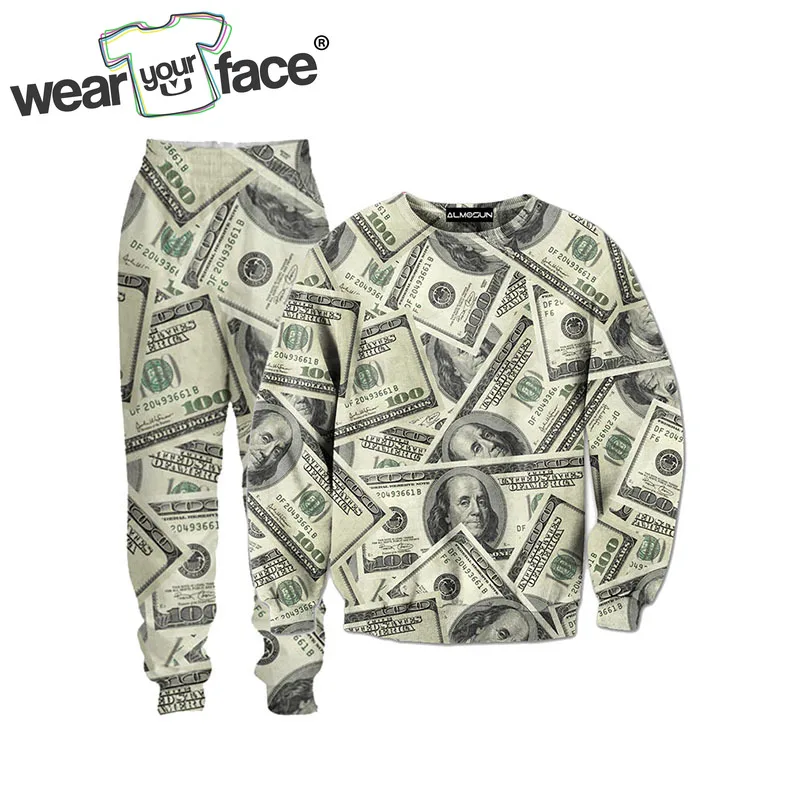 US Dollars Collage 3D All Over Printed Crewneck Sweatshirts Sweatpants Tracksuits Streetwear Kid Women Men Sets US Size Dropship