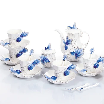 

Porcelain enamel Xuanjin 21 head goldfish coffee sets creative coffee cup tea teapot cup European hand painted