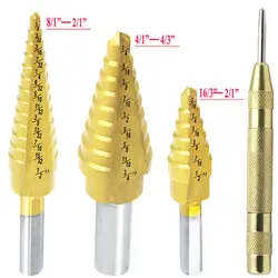 4 шт. HSS титановое покрытие Шаг сверло для металла/дерева сверление отверстие + автоматический центр удар 1/2 "до 3/16" шестиступенчатый бит
