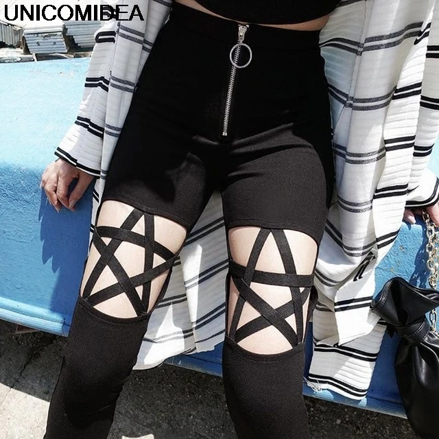 Gothic Subculture Pants Hollow Out Pentagram Women Pencil Pants Slim Thin High Waist Zipper Plain Punk Trousers Pants Capris Gothic Subculture Pants Hollow Out Pentagram Women Pencil Pants Slim Thin High Waist Zipper Plain Punk Trousers Pants Capris