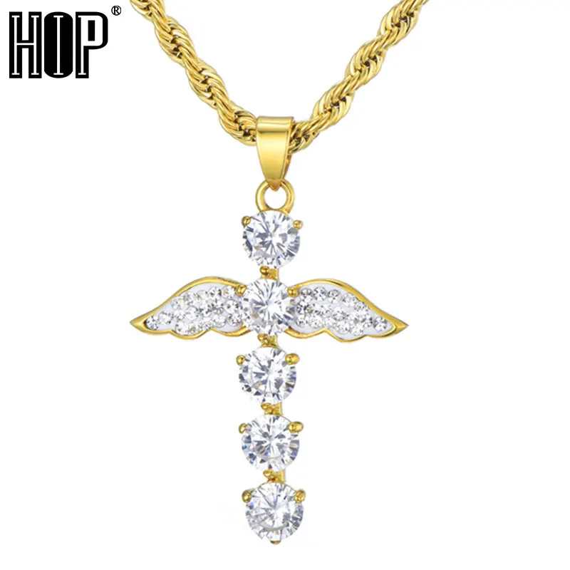 

HIP Hop Angel Wings Iced Out Bling Stainless Steel Cross Necklaces & Pendants Gold Color For Men Jewelry Rope Chain Dropshipping