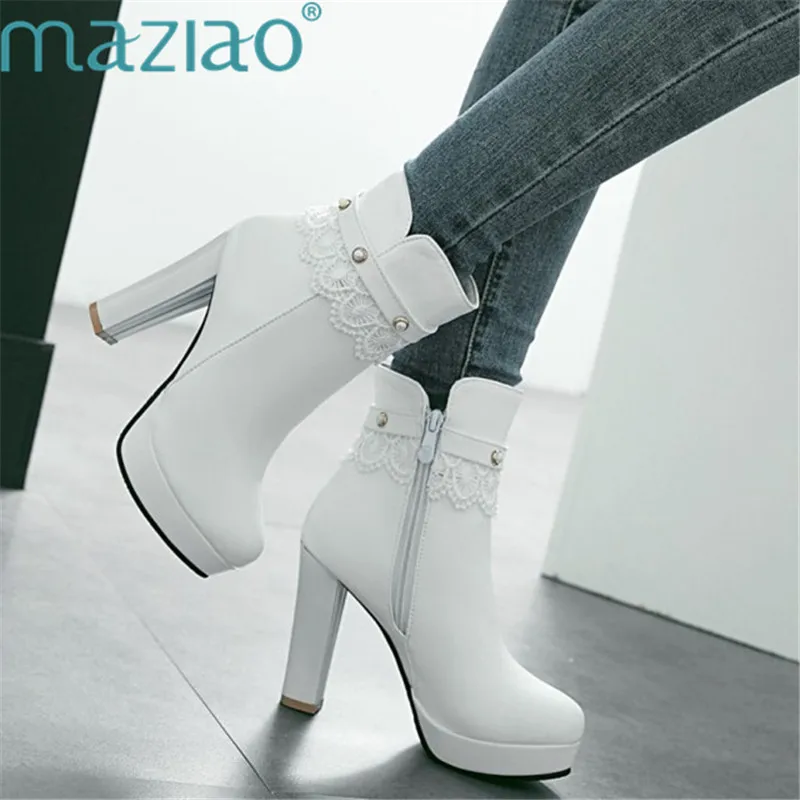 

Thin Heels Shoes Sexy Lady Party Shoes Woman Ankle Boots for Women Spring Autumn Platform Pearl Lac Boots MAZIAO