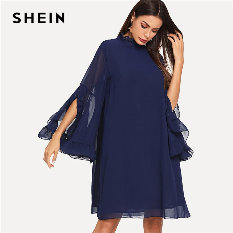 Buy SHEIN Navy Chiffon Frill Sleeve And Cuff Flowy