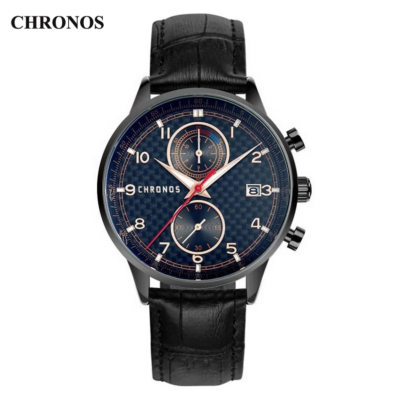 CHRONOS Mens Watches Luxury Brand Quartz Wristwatch Waterproof Sport Watches for Men Leather Male Clock Relogio Masculino