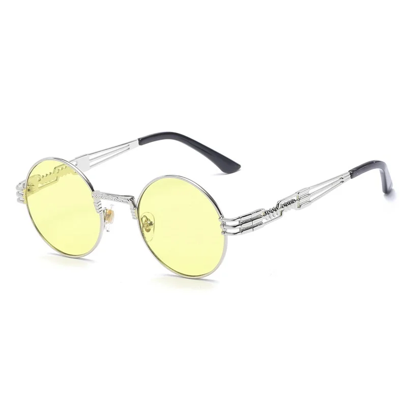 Round Gothic Steampunk Metal Sunglasses Men Women Vintage Driving HD Mirror Sun Glasses Eyewear Retro Shades Oculos De Sol UV400 - Цвет линз: Silver - Yellow