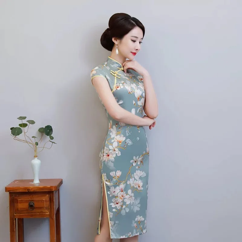 Новинка платье миди Cheongsam Qipao сезон: весна–лето платье Для женщин Элегантный принт женское платье модельные вечерние традиционное китайское платье Vestidos