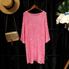 Cakucool женское открытое весеннее платье с длинным рукавом и круглым вырезом с Боковым Разрезом, прямые платья, шикарные Свободные повседневные Элегантные большие платья - Цвет: pink