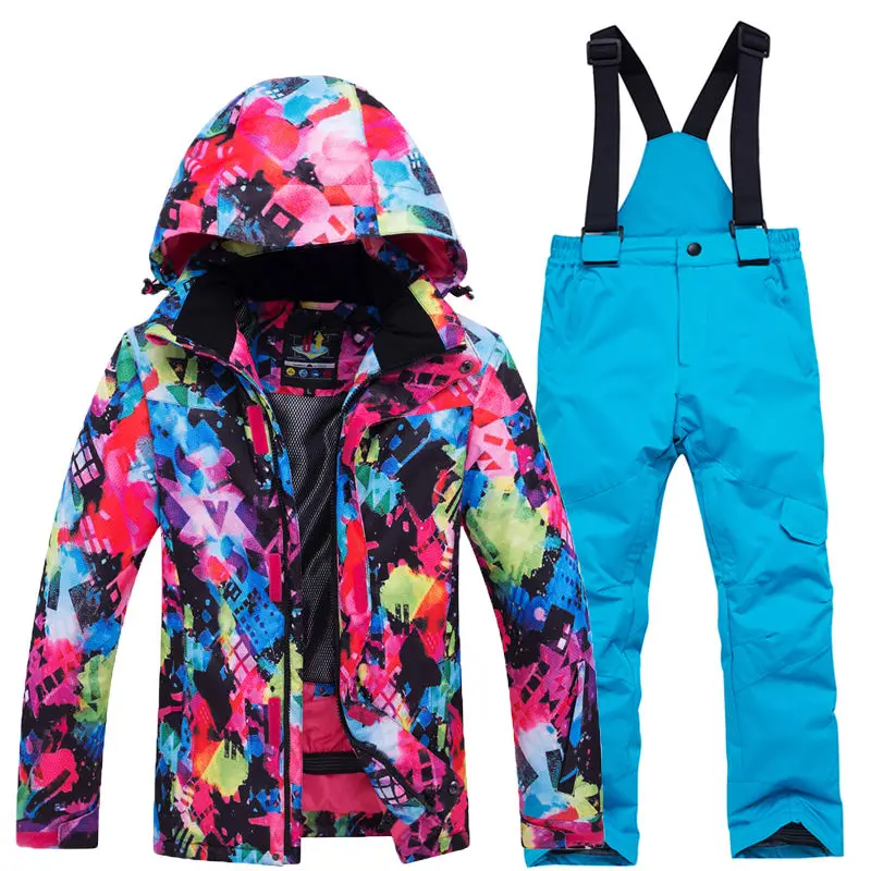 Детский зимний костюм; лыжный костюм; Комплект; водонепроницаемый ветрозащитный Теплый костюм; зимняя куртка для сноуборда+ комбинезон для мальчиков и девочек
