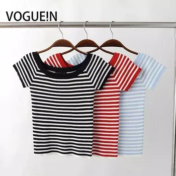 

VOGUE!N New Petites Womens/Juniors Sexy Striped Short Sleeve Knit Sweataer Tops Wholesale 3 Colors