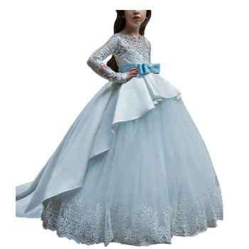 

Long Sleeves Little Girl Pageant Dress Formal Kids Evening Ball Gowns White First Communion Dress Satin Lace Flower Girl Dress