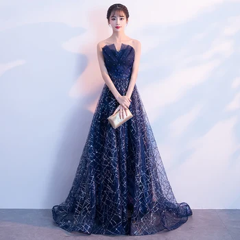 

Bling Gorgeous Strapless Long Evening Gowns Small Trailing Lace Up Sexy Backless Fashion Appliques Seuqined Women Dress G563