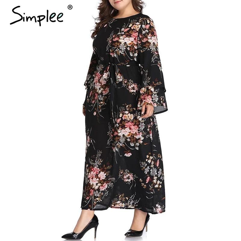 Simplee Boho Цветочный принт шифоновое платье плюс размер женские летние длинные
