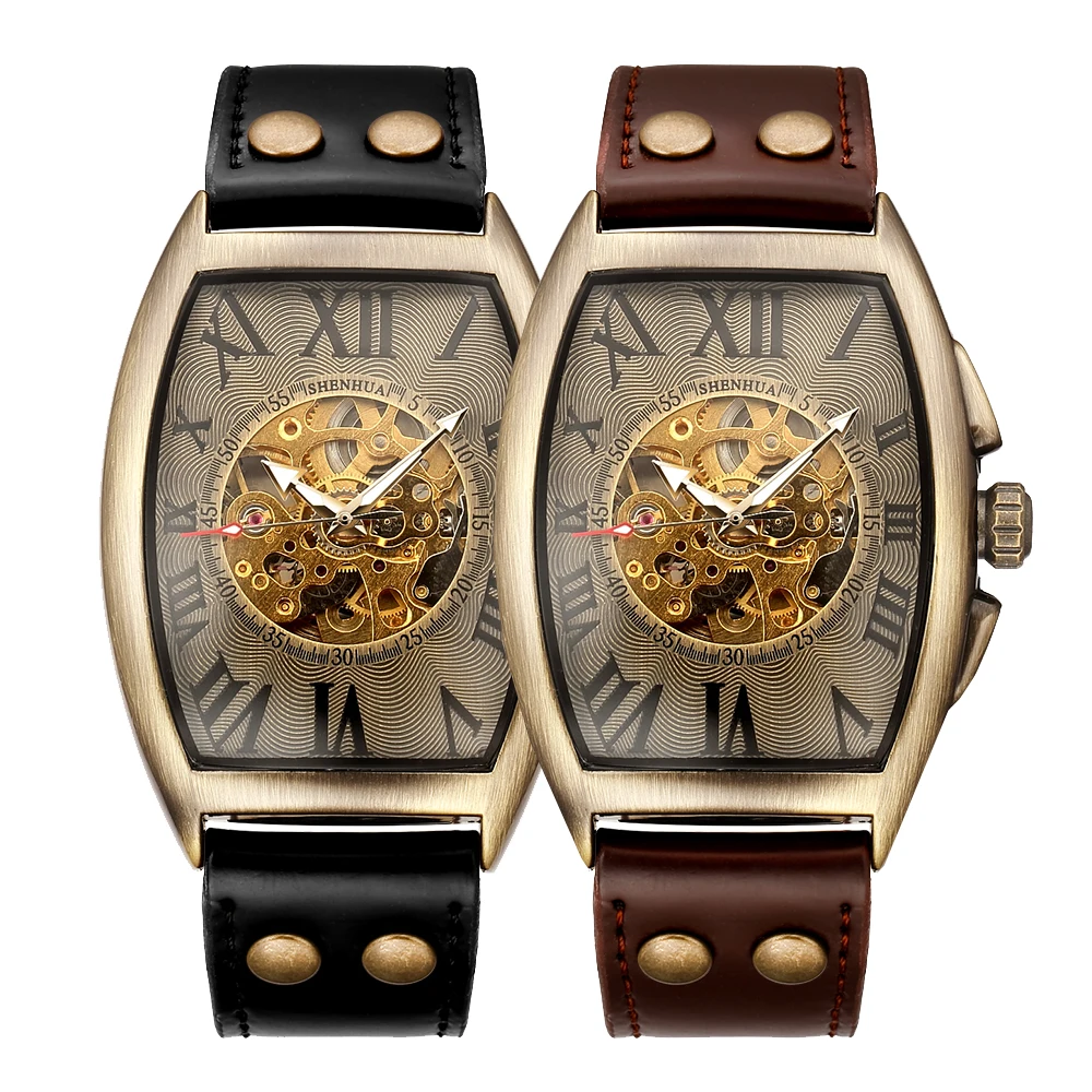 

Shenhua Vintage Retro Watch Men Mechanical Automatic Skeleton Watches 2019 Steampunk Leather Bronze Watch Clock Man montre homme