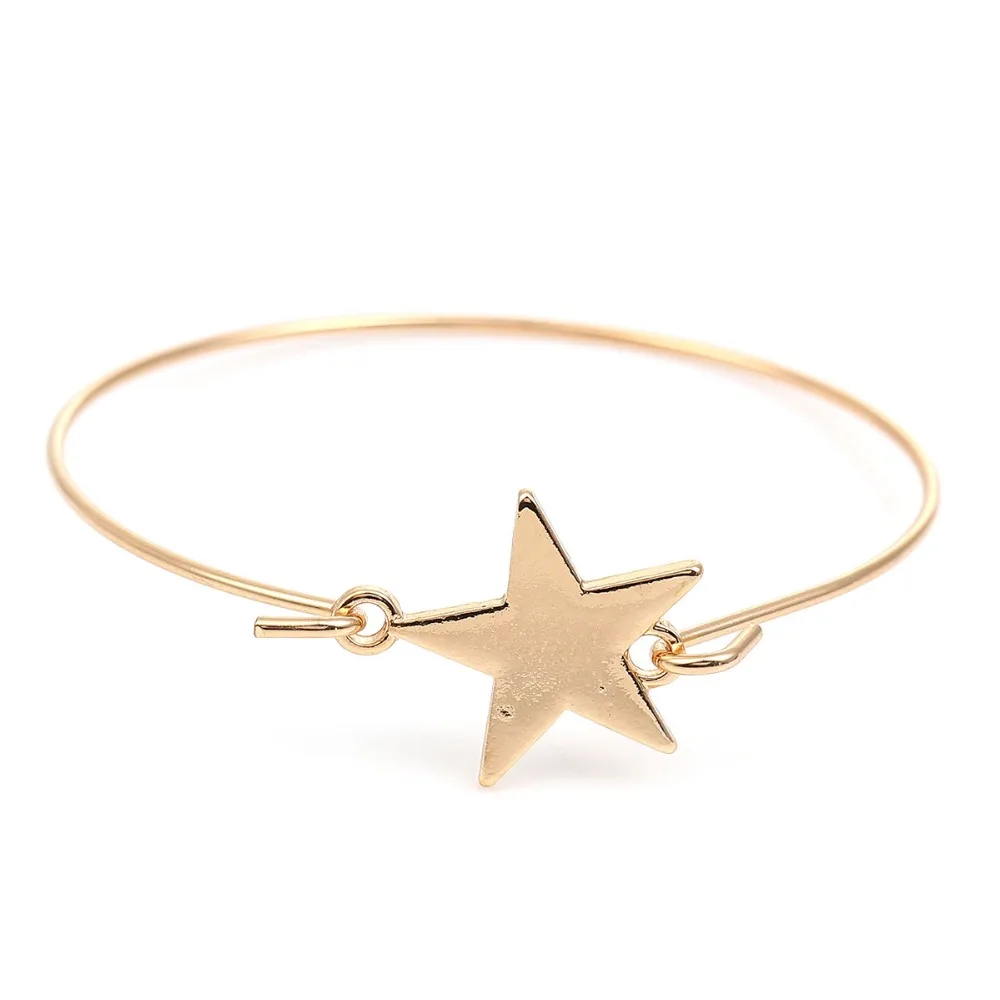 

(Cuff Bracelet) Gold Color Copper Half-Open Bracelet with Leaf Pattern Stars Adjustable Fashion Simple Bangle For Woman Gift