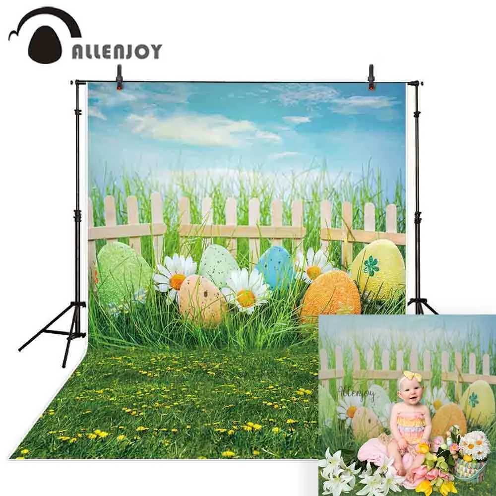 

Allenjoy photography backdrop Easter egg spring wood fence green grass sky background nature photocall photo studio shoot prop