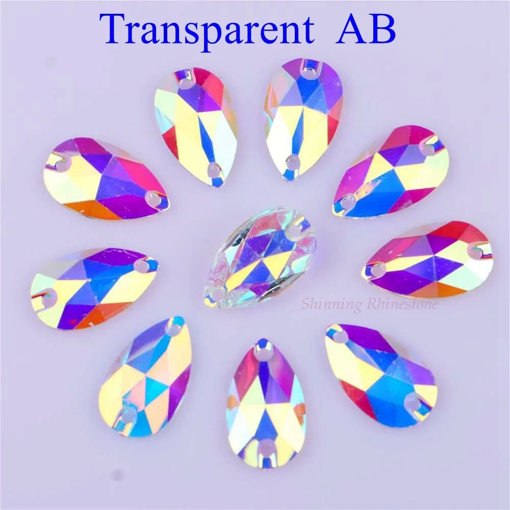 Каплевидная форма три размера Кристалл AB/прозрачный AB Цвет пришивные стразы из смолы с двумя отверстиями плоские с оборота камни