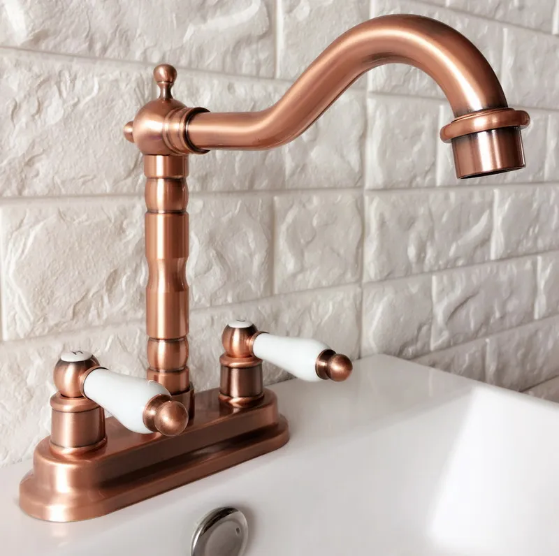 Antique Red Copper Brass Deck Mounted Dual Ceramic Handles 4" Center