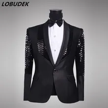 Черный блестящий мужской костюм куртки Формальные Свадебные Жених пальто ночной клуб певец группа костюм для хора ведущий сценическая верхняя одежда