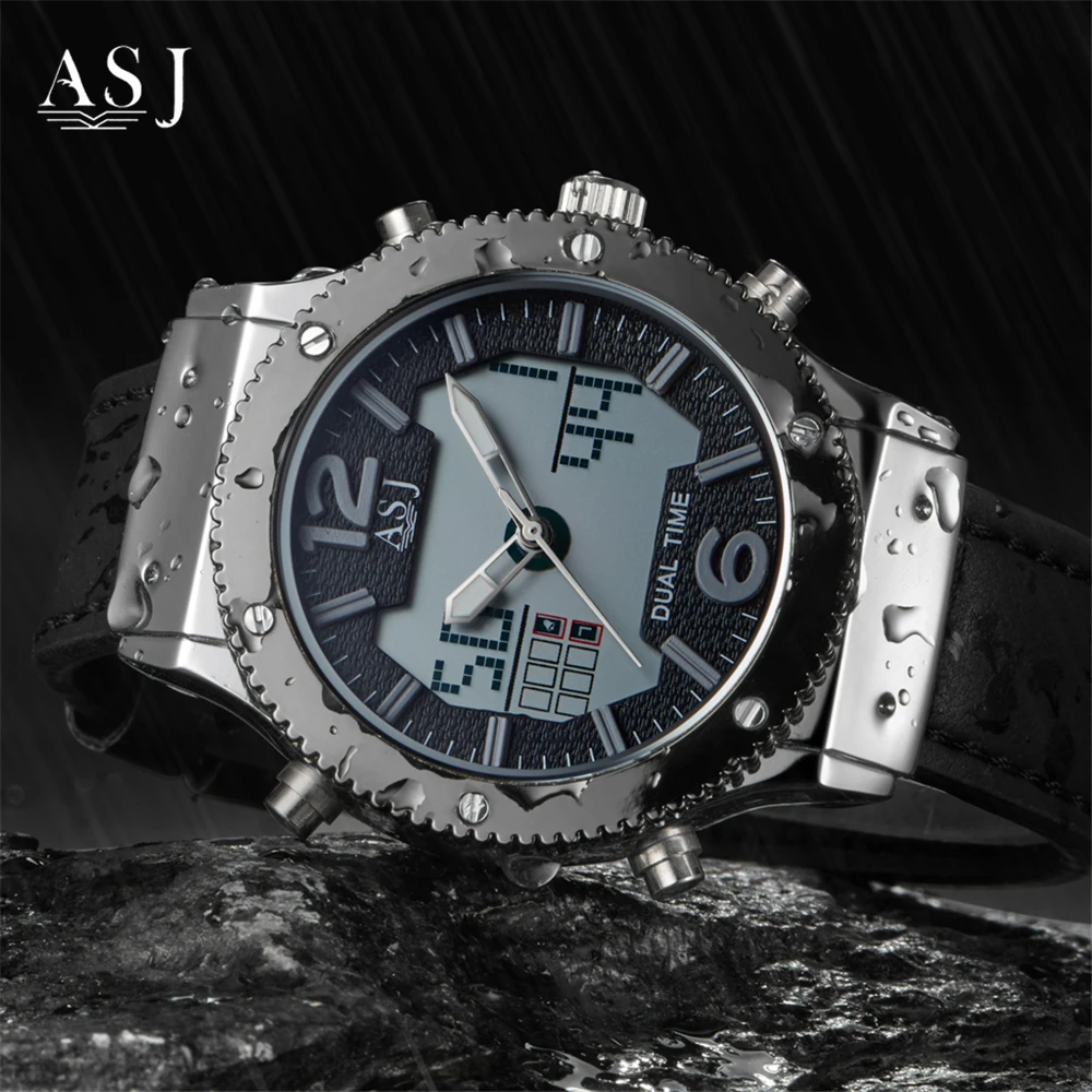 

ASJ Men's Chronograph Analog Quartz Watch Sport Waterproof Watch Date Back Light Waterproof Real Leather Strap Male Wristswatch