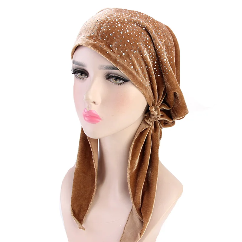Новые женские бархатные шарфы со стразами, предварительно завязанные, тюрбан, головной убор, шапка Chemo, шапочка под хиджаб, аксессуары для волос - Цвет: Шампанское
