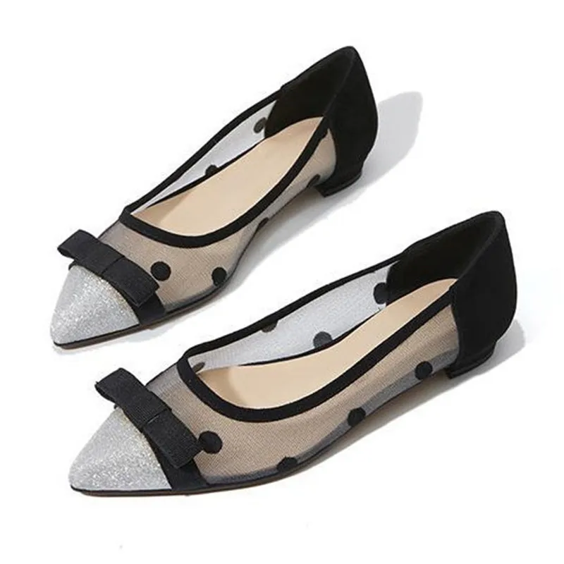 New 2019 Sexy Bow Pointed Toe Women Lace Flats Fashion Breathable Women Flat Summer Shoes Polka Dot Ladies Casual Ballet Flats (1)