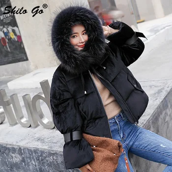 

SHILO GO Gold velvet Elegant hooded fur colllar women parkas coat Winter zipper belt lace up cotton warm coat thicken outwear