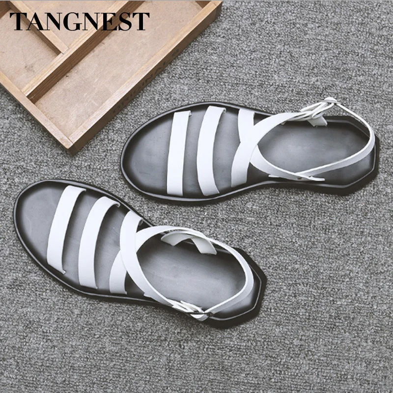 

Tangnest 2018 New Summer Man Sandals Split Leather Gladiator Sandals Buckle High Quality Casual Flats Fashion Man Shoes XML233