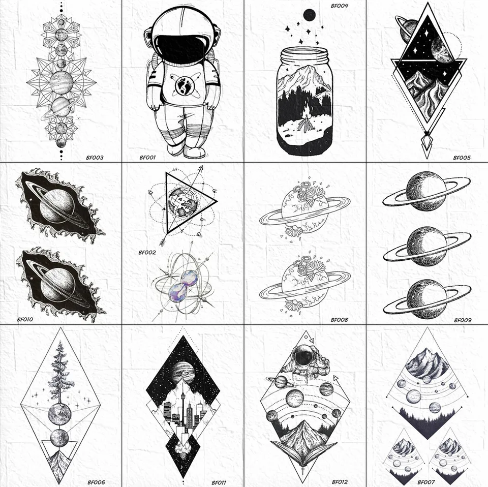 Men Women Body Arm Art Tattoo Temporary Planet Black Geometric Astronaut Neck Tatoos Stickers Fake Star 3d Cosmetic Tattoo Paper Temporary Tattoos Aliexpress