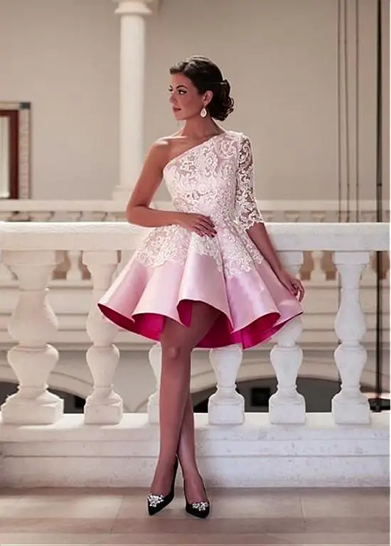 Pink Lace Satin One Shoulder Short Prom Cocktail Dresses 3/4 Sleeve A