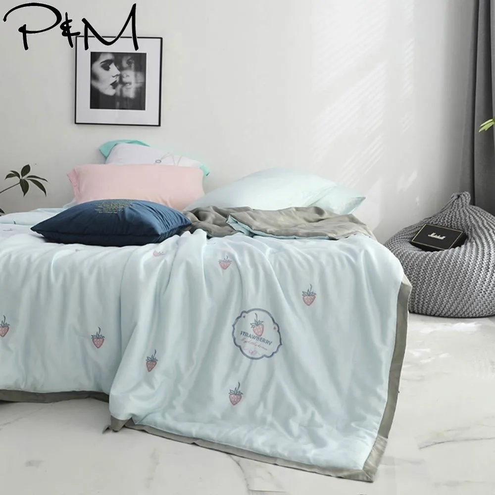 

2019 Light Blue Strawberry Air-condition Embroidery Comforter Thin Summer Quilt Artificial Silk Fabric Polyester Queen Size