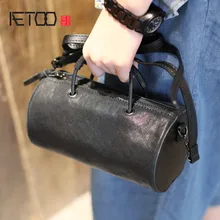 AETOO Black Sheepskin Cylindrical Bag Mini Handbag Shoulder Skip Bag Summer Korean Leather Round Cask