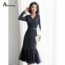Vintage Black White Polka Dot Ruffle Hem Fishtail Dress Women Spring Autumn High Waist Casual Office Lady Streetwear The Dress tiered ruffle hem dot jacquard dress