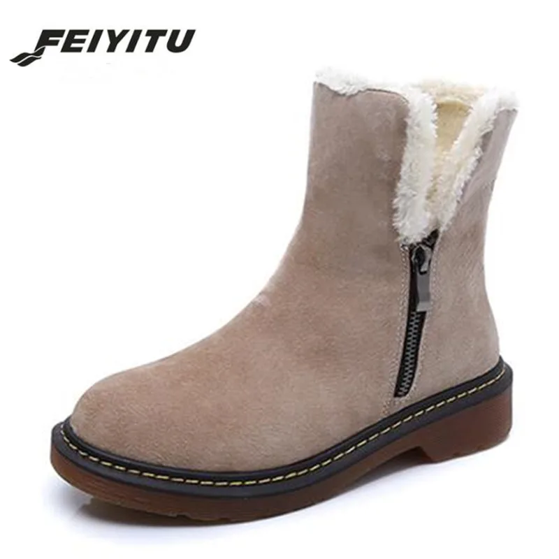 

feiyitu fashion natural cow suede split leather womans snow boots for women winter shoes warm fur high quality ankle boot 34-43
