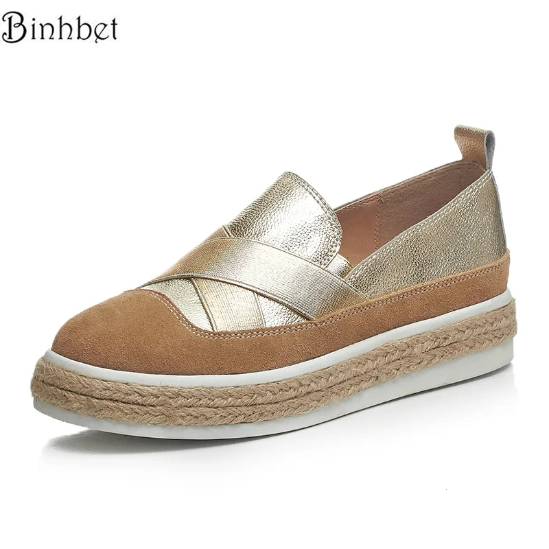 

Binhbet Spring Woman Espadrilles Genuine Leather Platform Shoes Woman Slip on Platform Women Flats Rhinestones Loafers