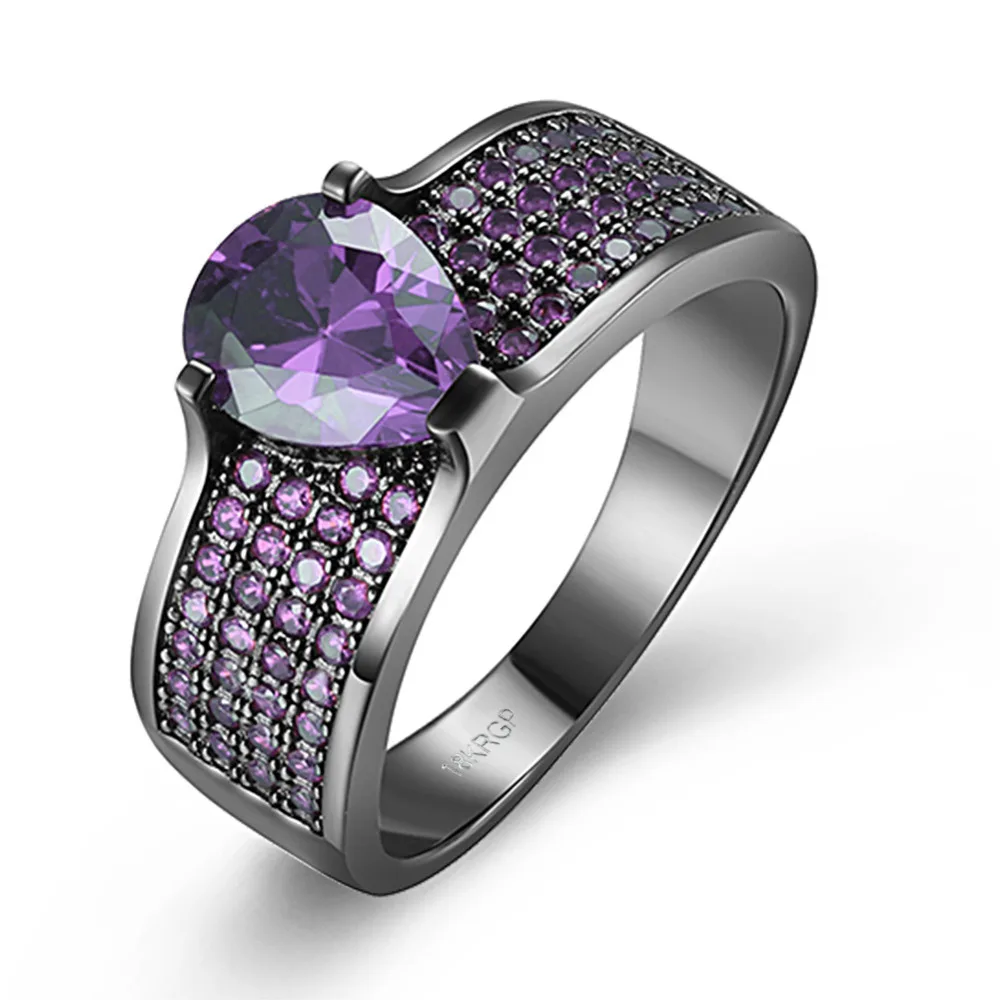 

Retro jewelry Black Gun Plated Water Drop Purple Cubic Zirconia Ring Party Gift Wedding Anniversary womens Ring R2103