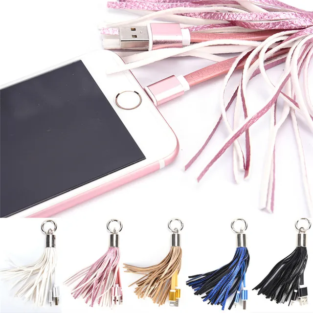 USB Cable Leather Tassel Keychain Mini USB Cable Fast Charger Metal