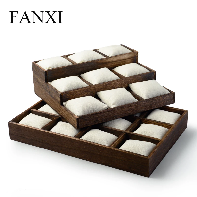 FANXI Vintage Wooden Jewelry Display Tray Stand Bangle Bracelet Watch Holder with Linen Pillow Shop Counter Jewelry Organizer