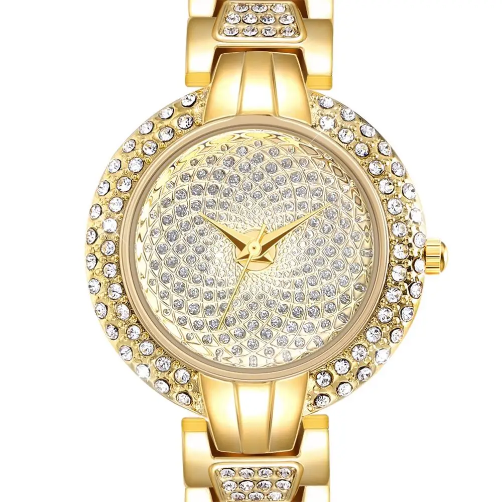 

Brand New Gold color Party Wrist Watches Waterproof Round Rhinestone Quartz Watch For Women Drop shipping