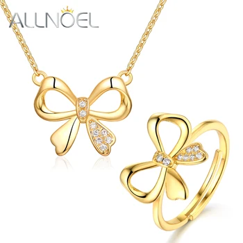 

ALLNOEL Zircon Diamond Jewelry Sets Necklace Ring For Women Gemstone Fine Jewellry Gold Color Butterfly Wedding Band Copper New