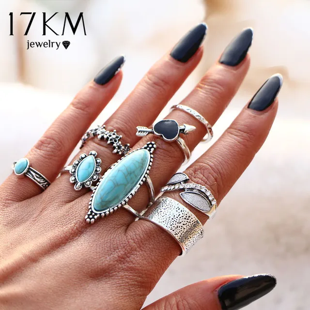 17KM 5 Bohemian Midi Finger Ring Set for Women Retro Big Silver Color Flower Stone Rings Female 2019 PUNK BOHO Vintage Jewelry