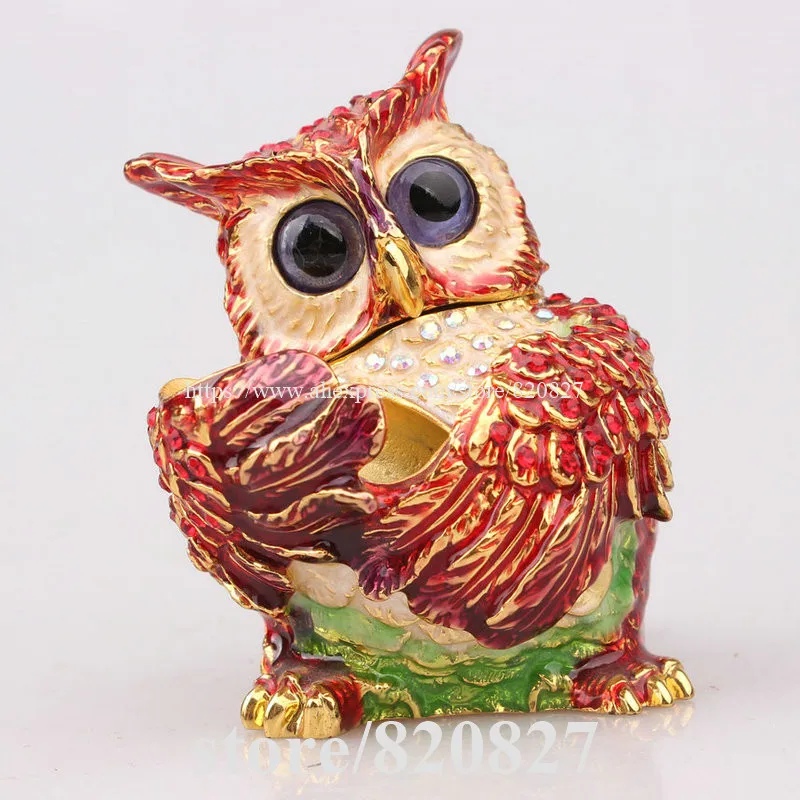 Owl Bird Miniature Pewter Enamel Hinged Jewelry Ring Trinket Box with Lid Decor Owl Bird Miniature Pewter Enamel Hinged Jewelry Ring Trinket Box with Lid Decor