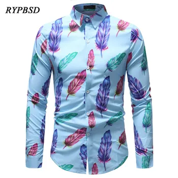 

2018 New Arrival Fashion Personality Harajuku Retro Feather Print Club Camisa Men Casual Large Size Long Sleeve Dress Shirt Men