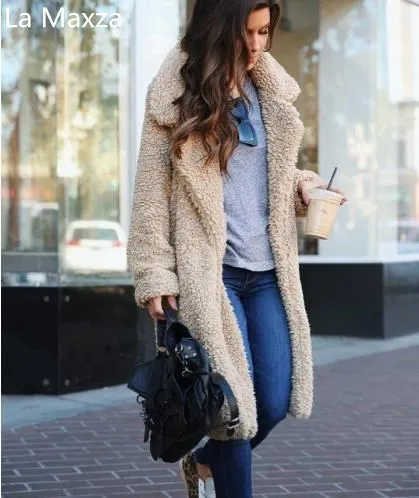 

Women Faux Fur Teddy Coat Autumn Winter Jacket Overcoat Warm Fluffy Long Lapel Shaggy Plus Size Outwear Cardigan Slim Fur Coats