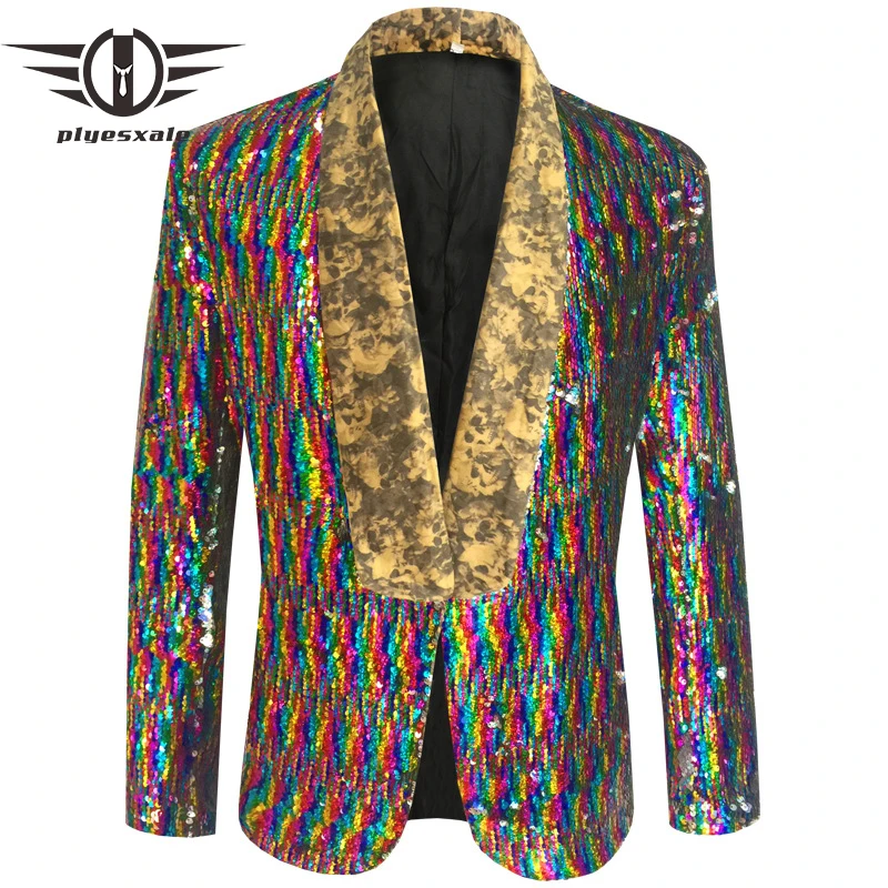 Plyesxale Sequin Blazer Men 2018 Shawl Collar Skull Printed Mens Blazer