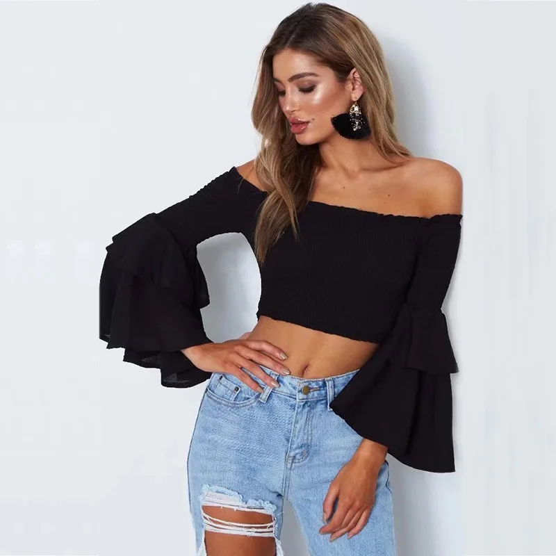 yinlinhe Yellow Off Shoulder Summer Tops Long Flare Sleeve Elasticity Sexy Crops Tops Women Backless Slash Neck Clothes 1