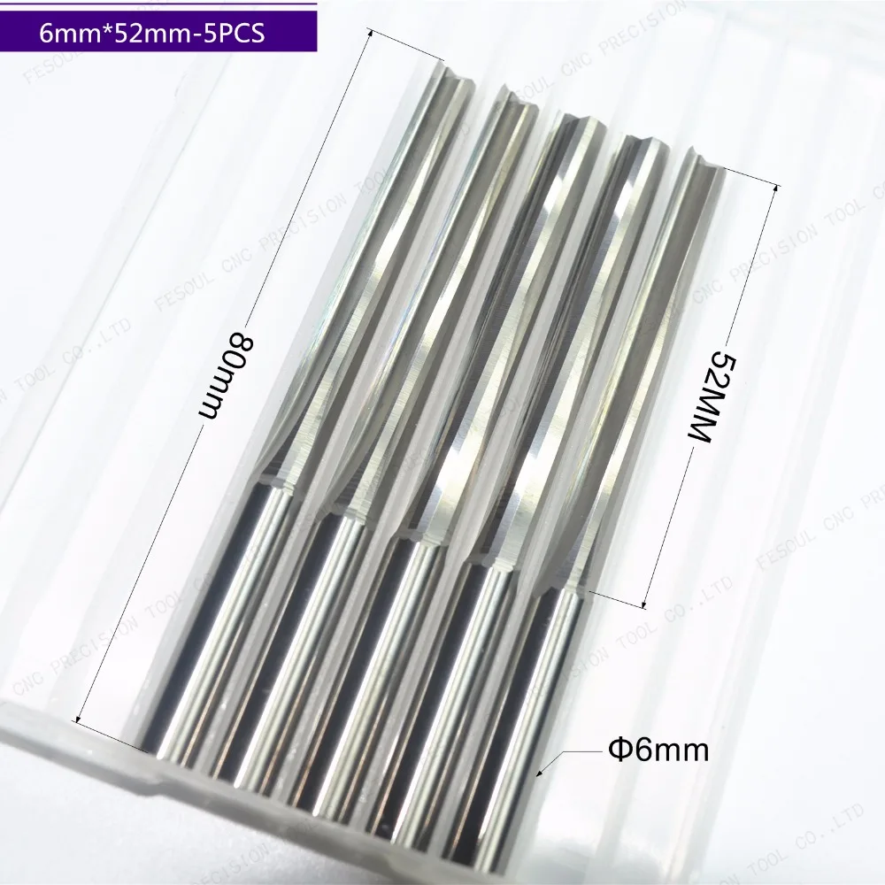 

6mm*52mm-5PCS,CNC solid carbide End Mill,tungsten steel woodworking insert router bit,2 Flutes Straight Milling cutter,MDF,Foam