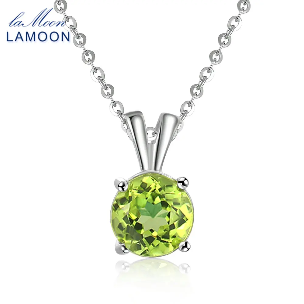 Lamoon 8mm Natural Round Cut Peridot Sterling Silver Simple Pandent Chain Necklace Women Jewelry S925 LMNI057