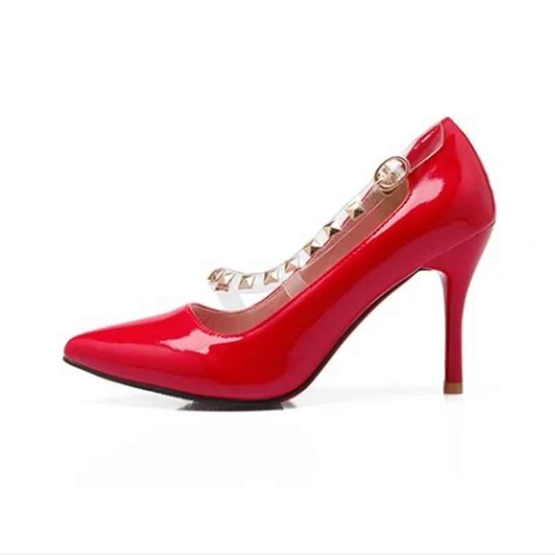 

Woman's Retro Sext Hot Sale Rivets Pointy Toe Patent Leather Thin High Heels Shoes Plus size 34-43 Sandals Party Pumps Slip-On